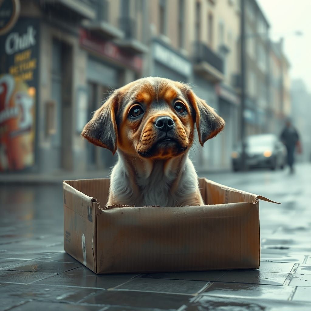 Sorrowful Puppy in Rainy City Streets