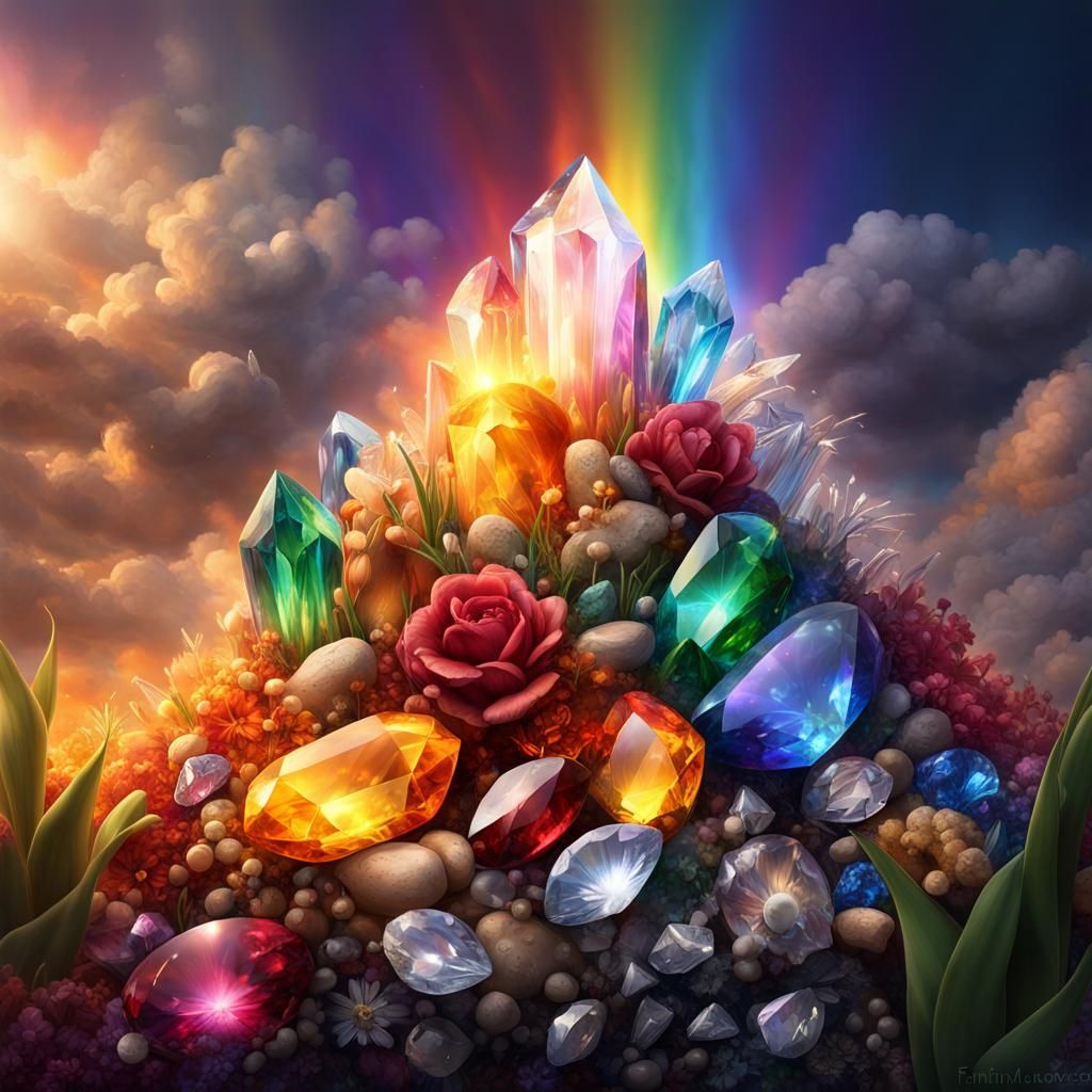 Luminous Pile of Crystals, Gems and Flowers