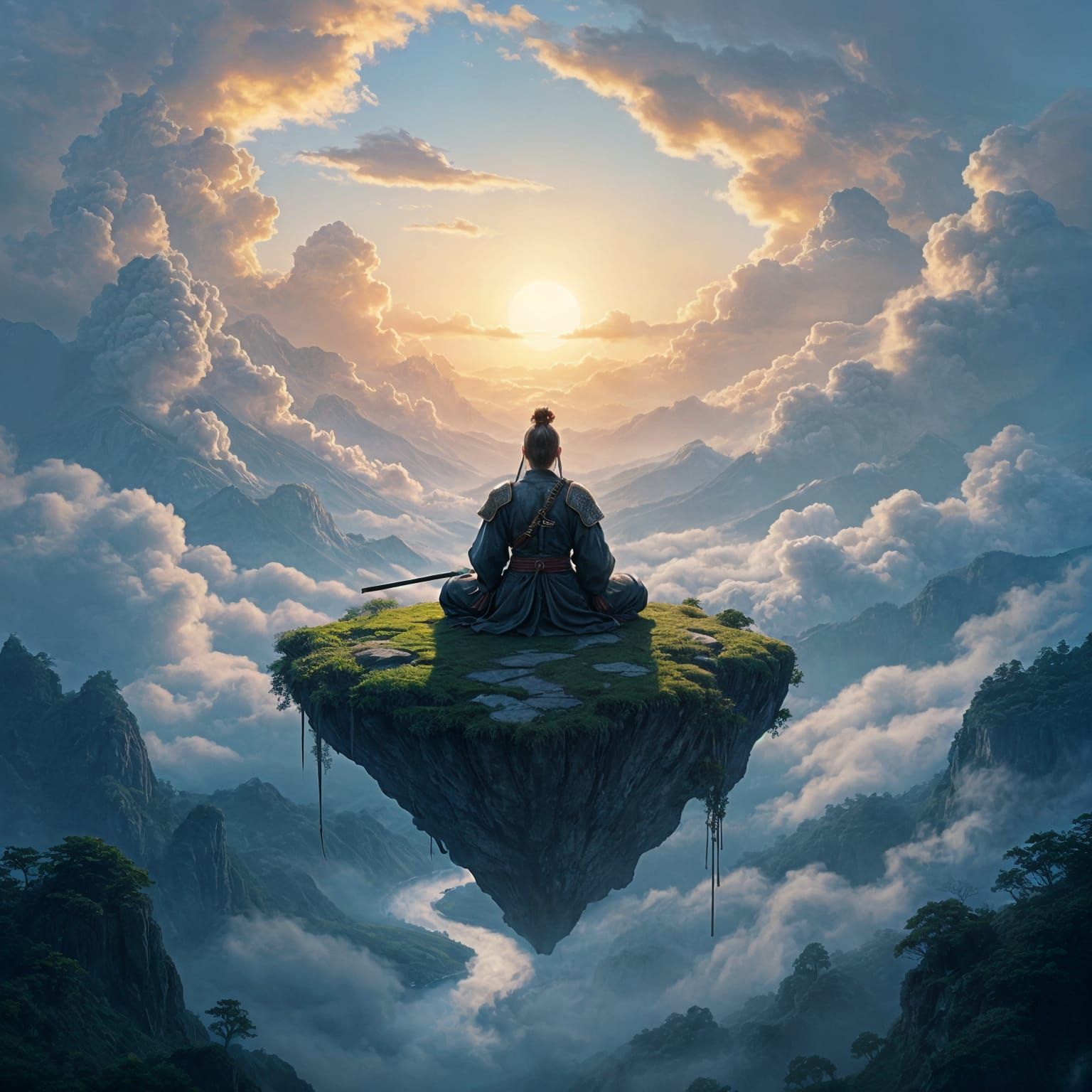 Samurai Meditating on Floating Island in Peaceful Clouds