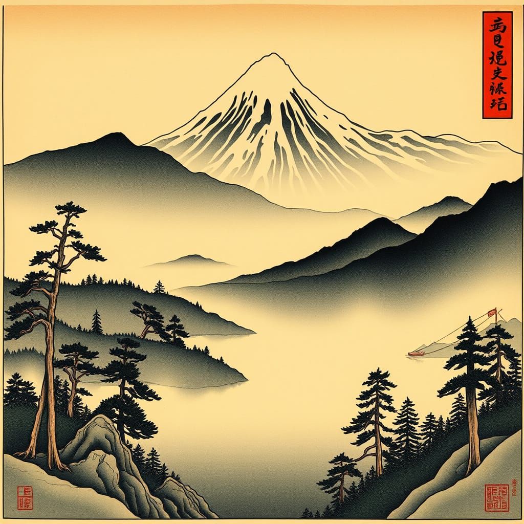 Serene Japanese Landscape in Edo Period Ukiyo-e Style