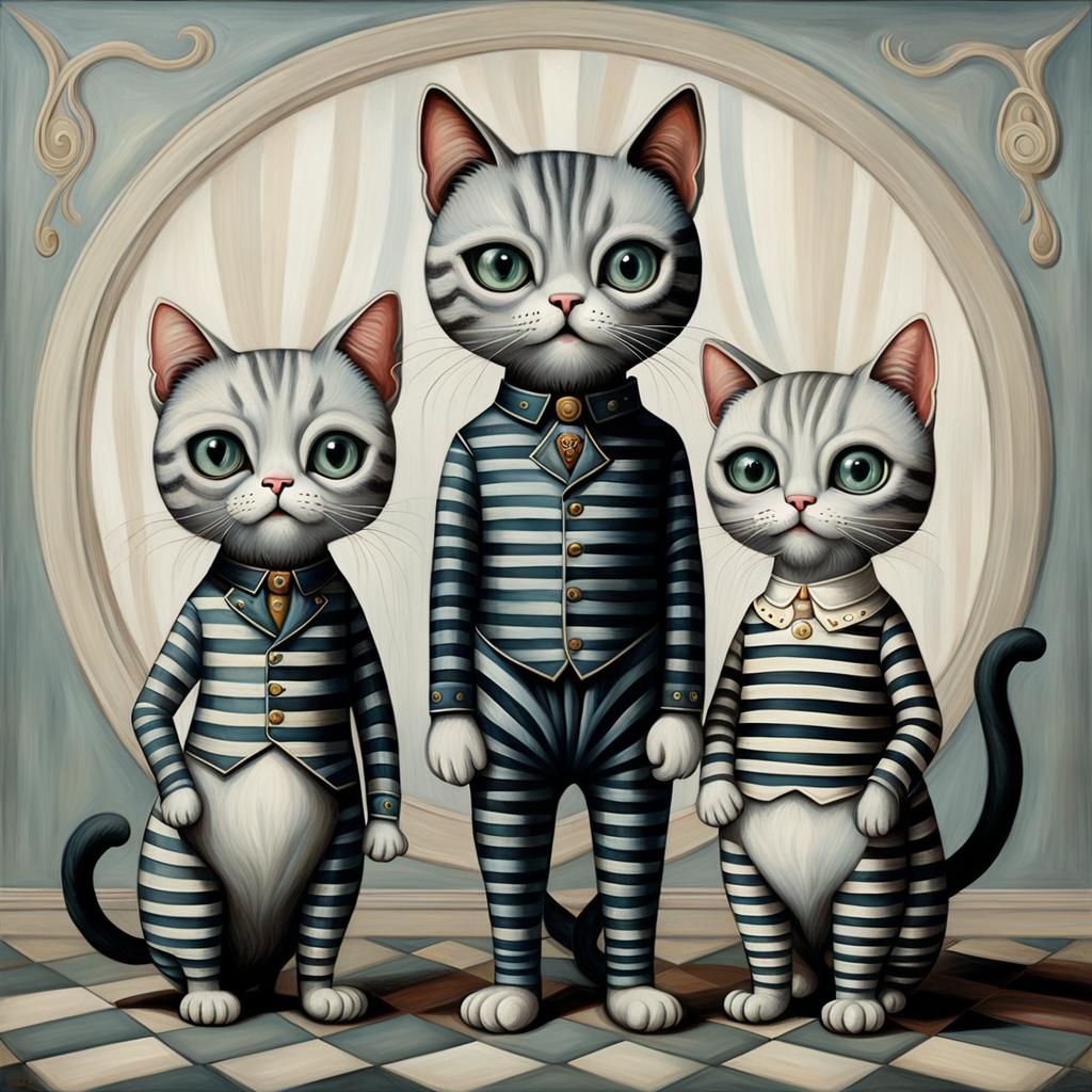 Surrealist Painting of Three Cats in Pop Style