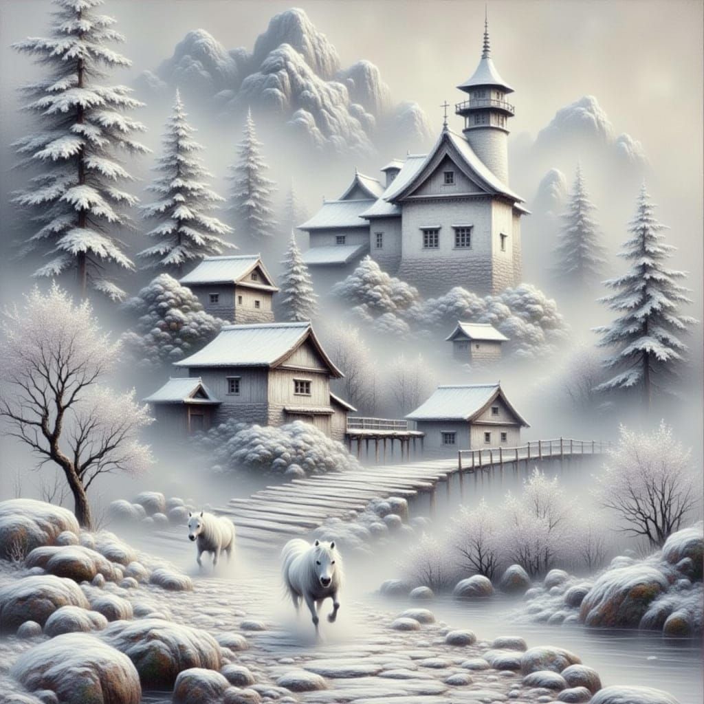 Majestic White Castle on Snowy Peaks with Wild Horses