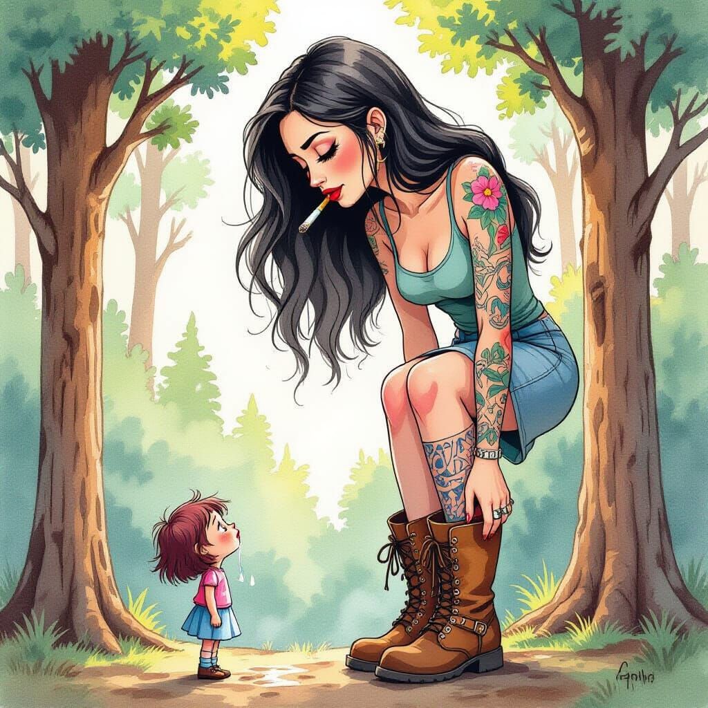 Watercolor: Giantess Overlooks Tiny Crying Woman