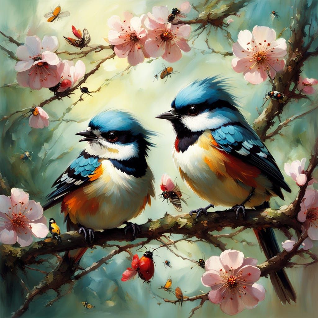 Whimsical Birds on Blossom Branch with Insects