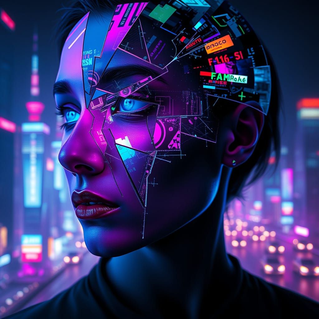 Futuristic Identity Fragmentation in Neon-Lit Dystopia
