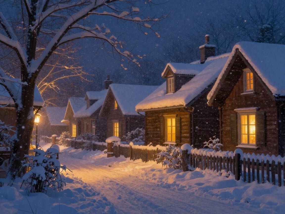 Cozy Winter Evening Cottage in Snowfall