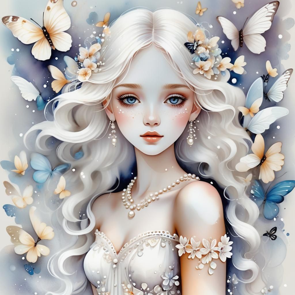 Dreamy Watercolour Girl with Butterflies and Pearls
