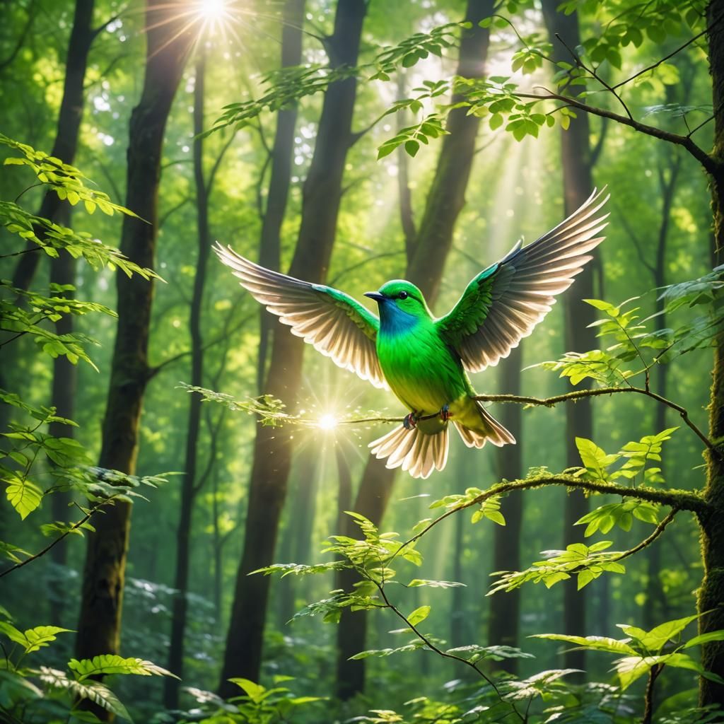 Glowing Green Bird in Forest