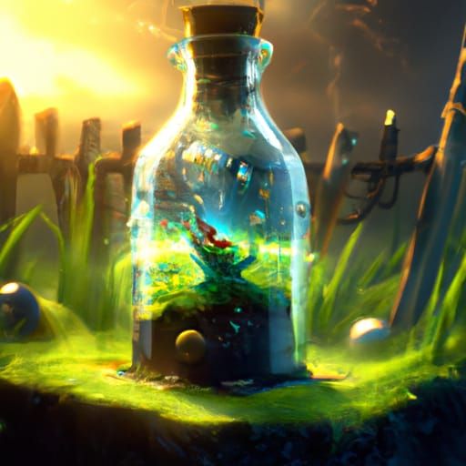 Bottled Soul in Green Meadow: Dark Fantasy Art