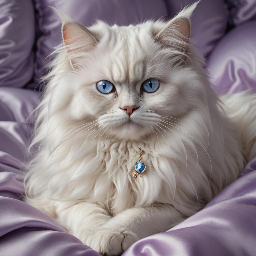 Glamorous Persian Cat on Lilac Pillow, Fantasy Art
