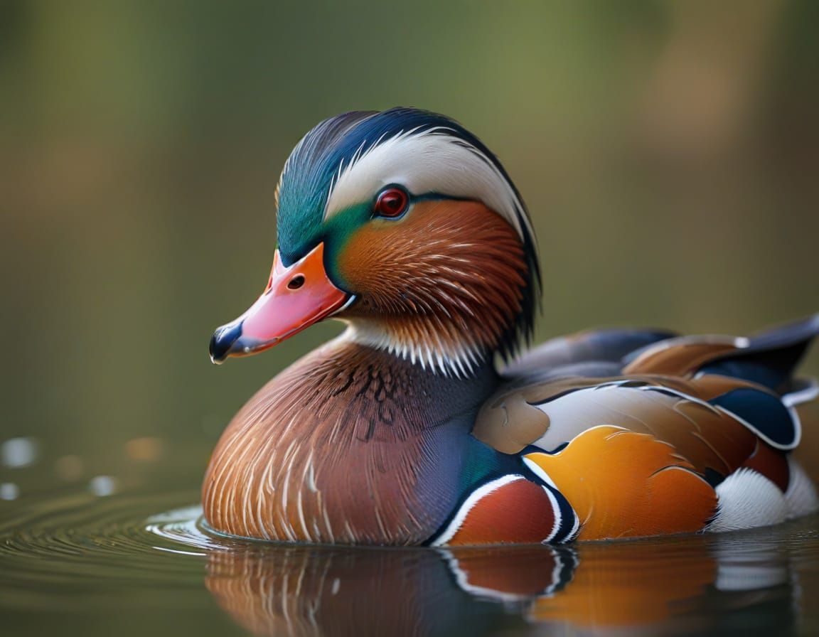 Mandarin Duck Close Up on Calm Lake