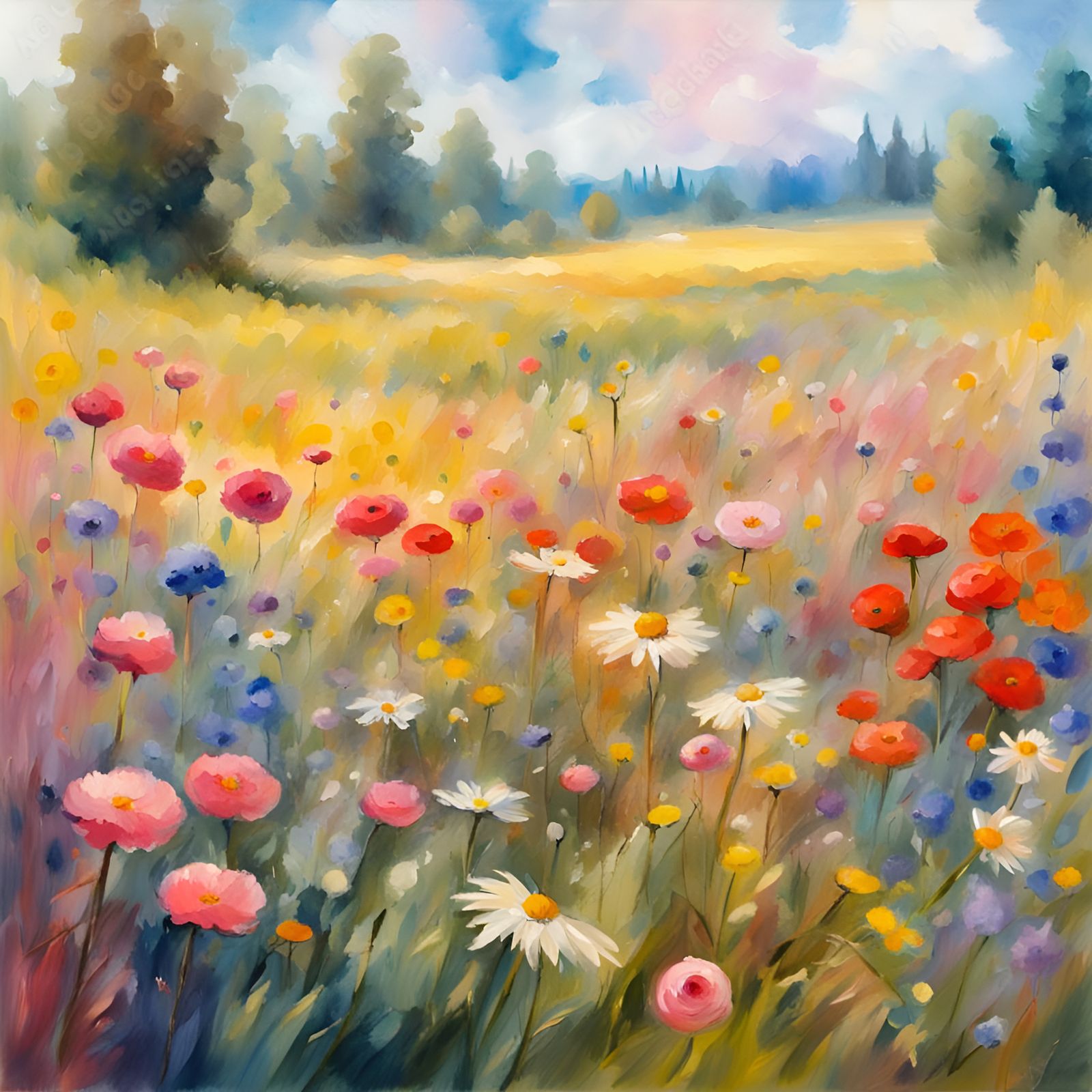 Impressionist Flower Meadow in Gouache Style