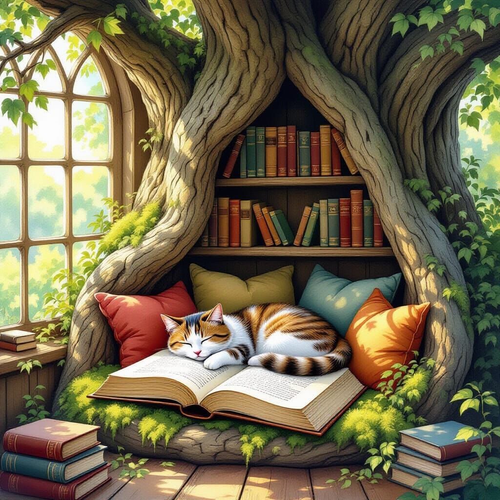 Cat Nap in Treehouse Reading Nook: Watercolor