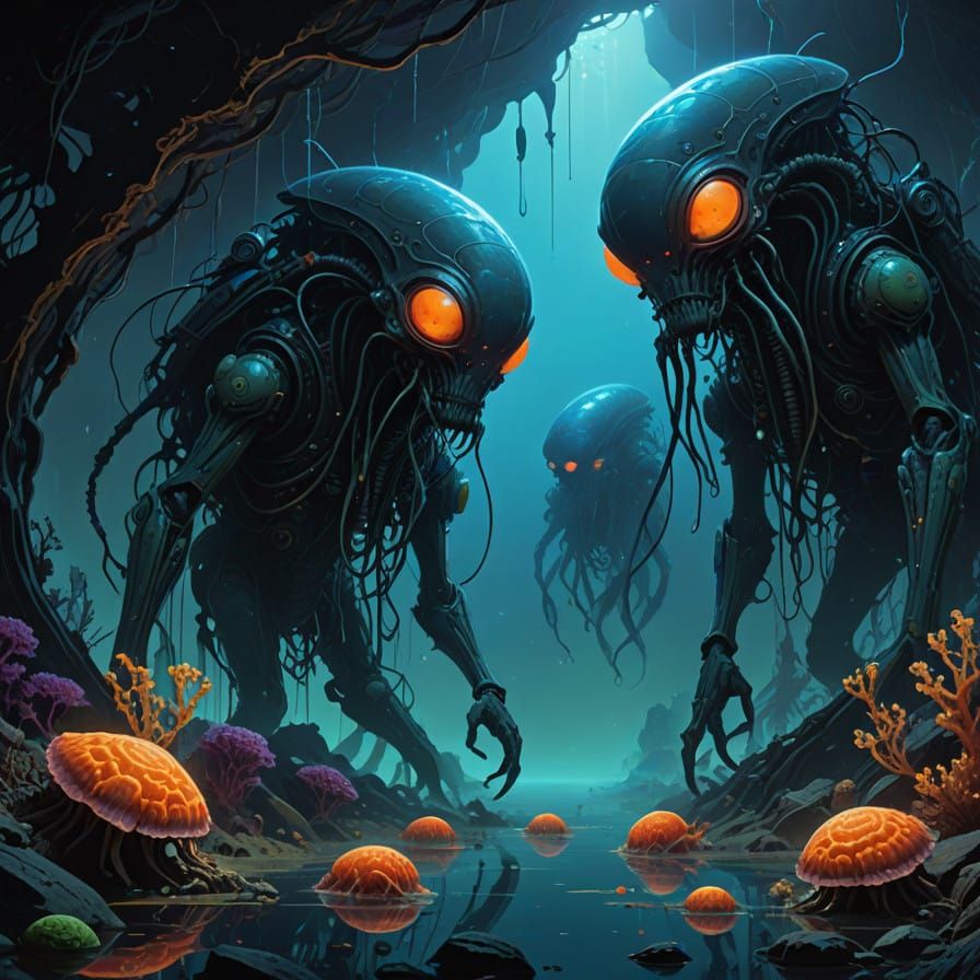 Ethereal, Dark Blue Abyss Teems with Bioluminescent Life