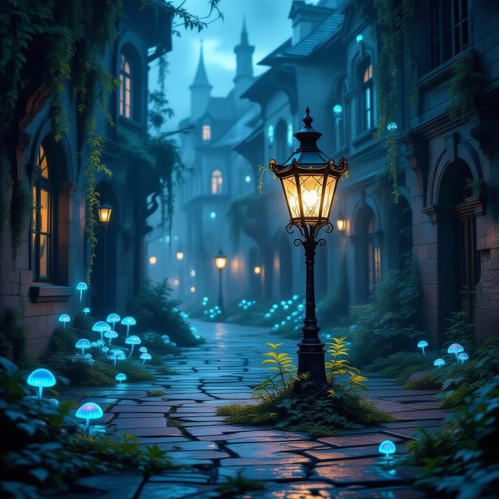 Overgrown City Square with Bioluminescent Fungi and Lantern