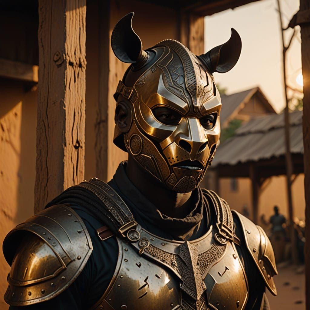 Ghanaian Assassin in Rhino Costume: Hyperrealistic Oil Paint...