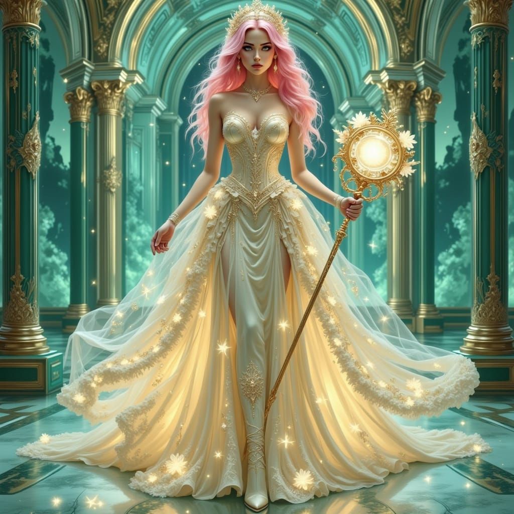 Pink-Haired Sorceress in Ornate Interior