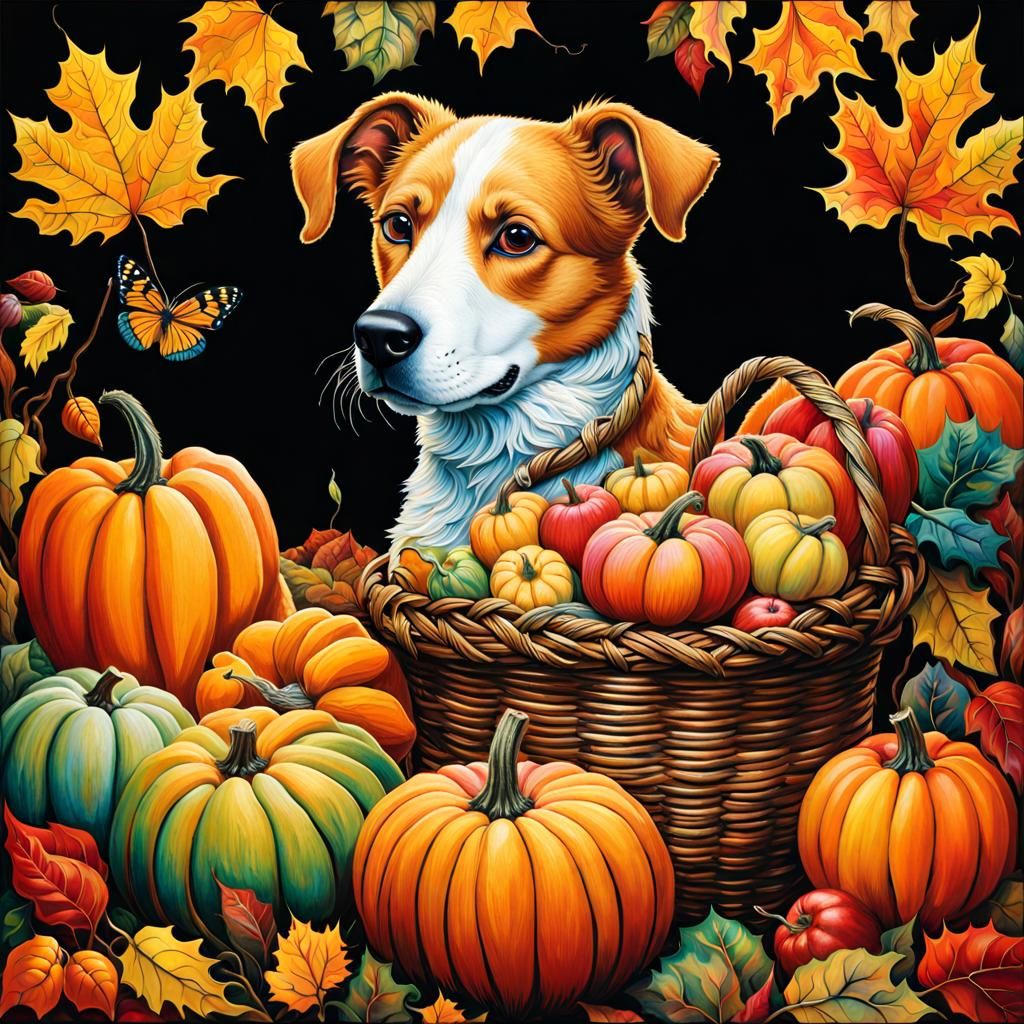 Dog with Autumn Harvest, Hyperrealistic Fantasy Art