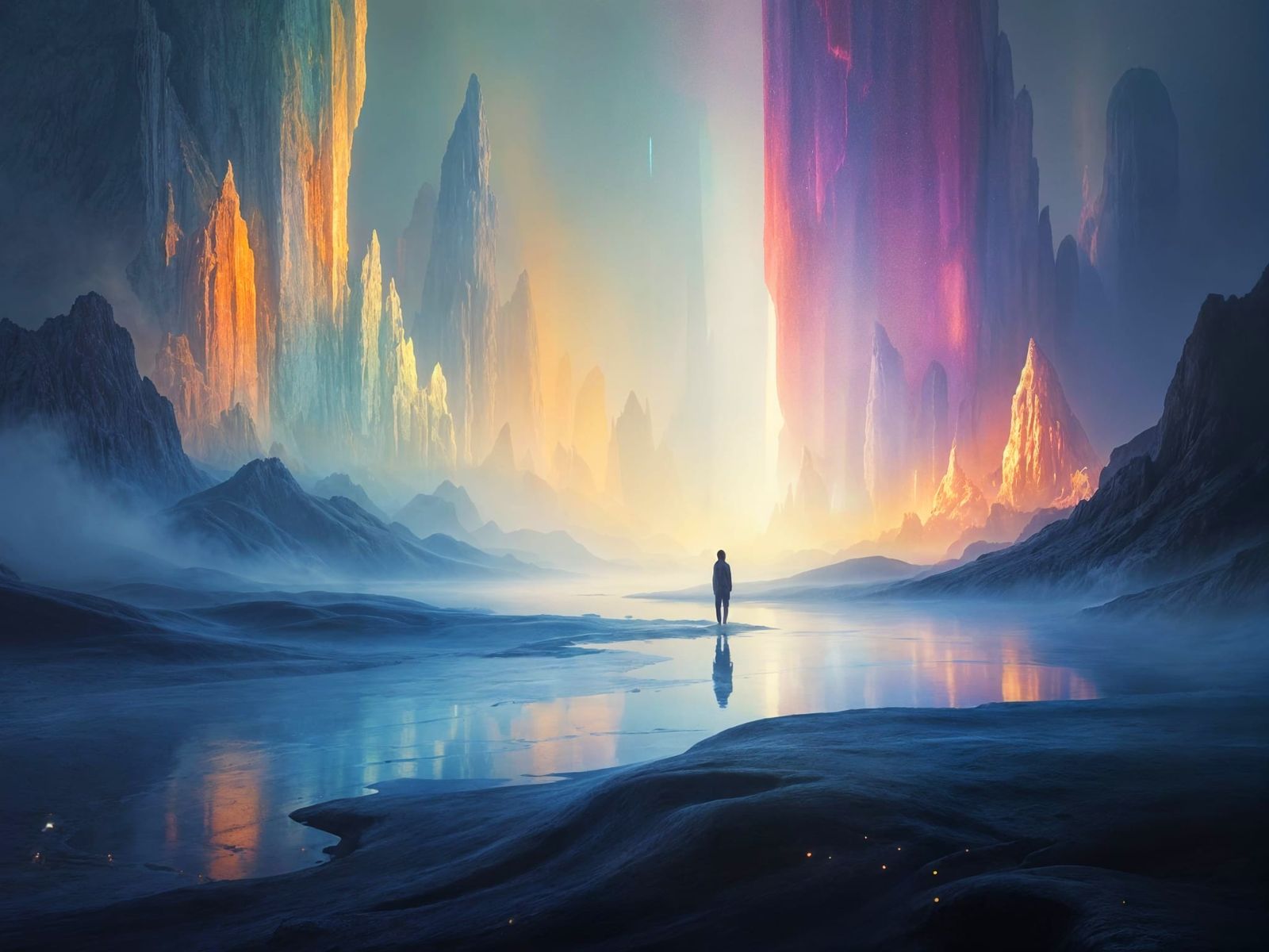 Surreal Crystal Landscape with Figure in Mist