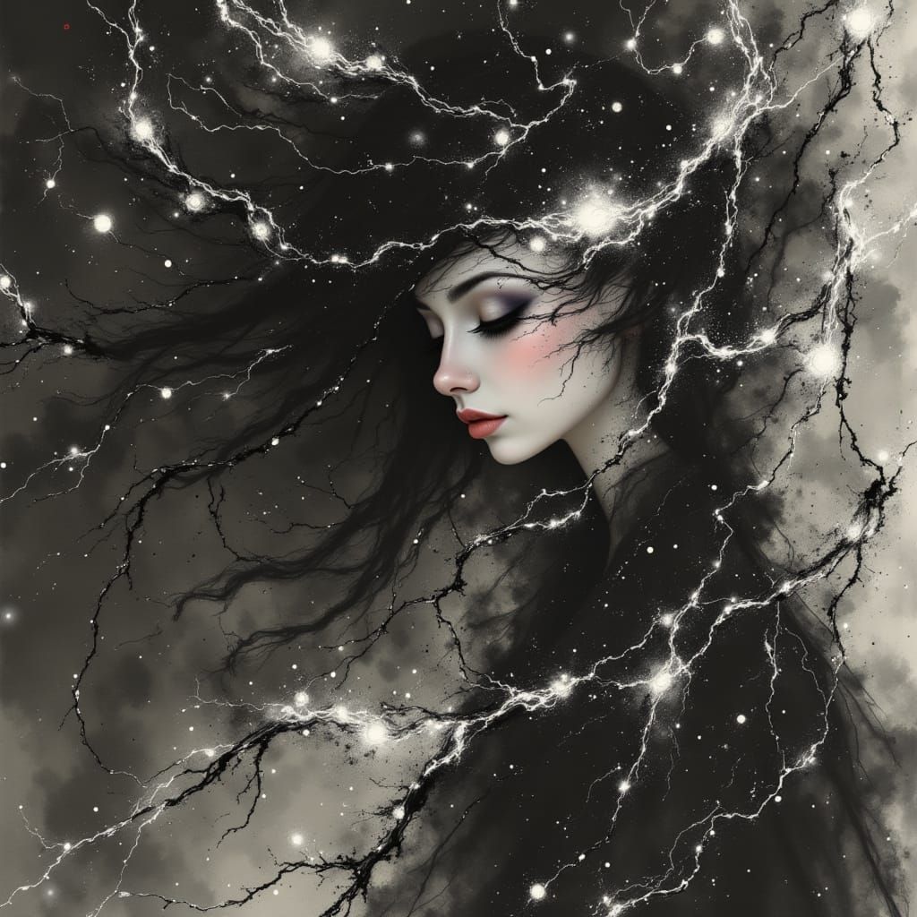 Ethereal Dark Goddess in Japanese-Inspired Oil Painting