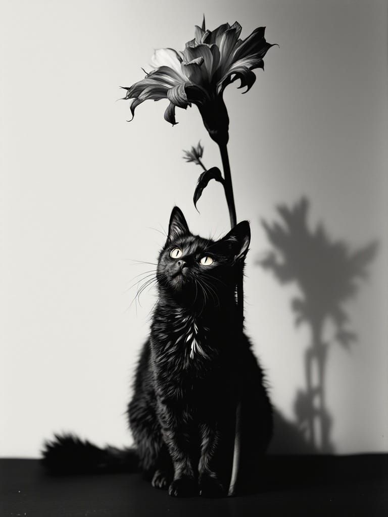 Dramatic Cat Portrait with Floral Accent in Noir Style