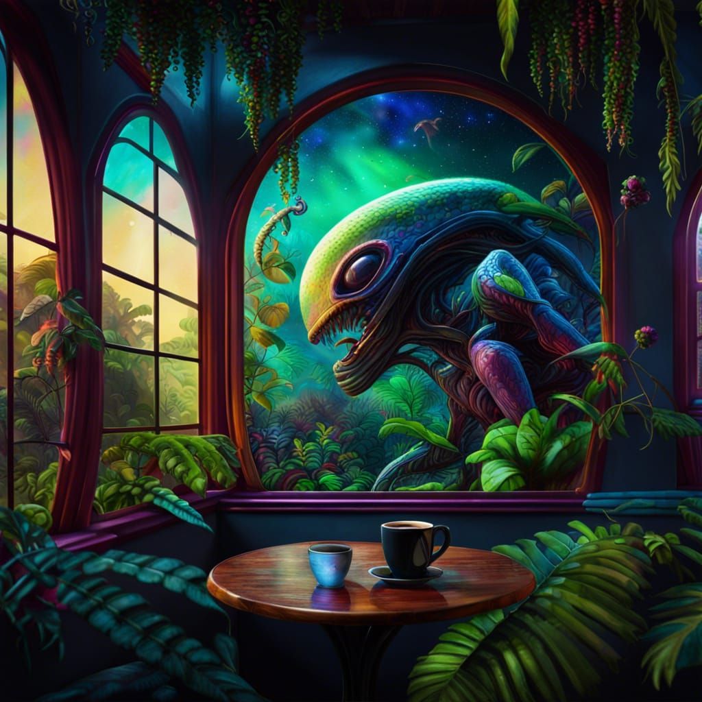 Hyperrealistic Alien Coffee Shop on Exoplanet