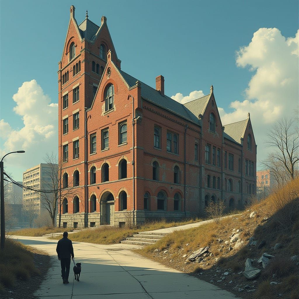 Gothic Revival Brick Building in Ruin, Inspiring Nostalgia