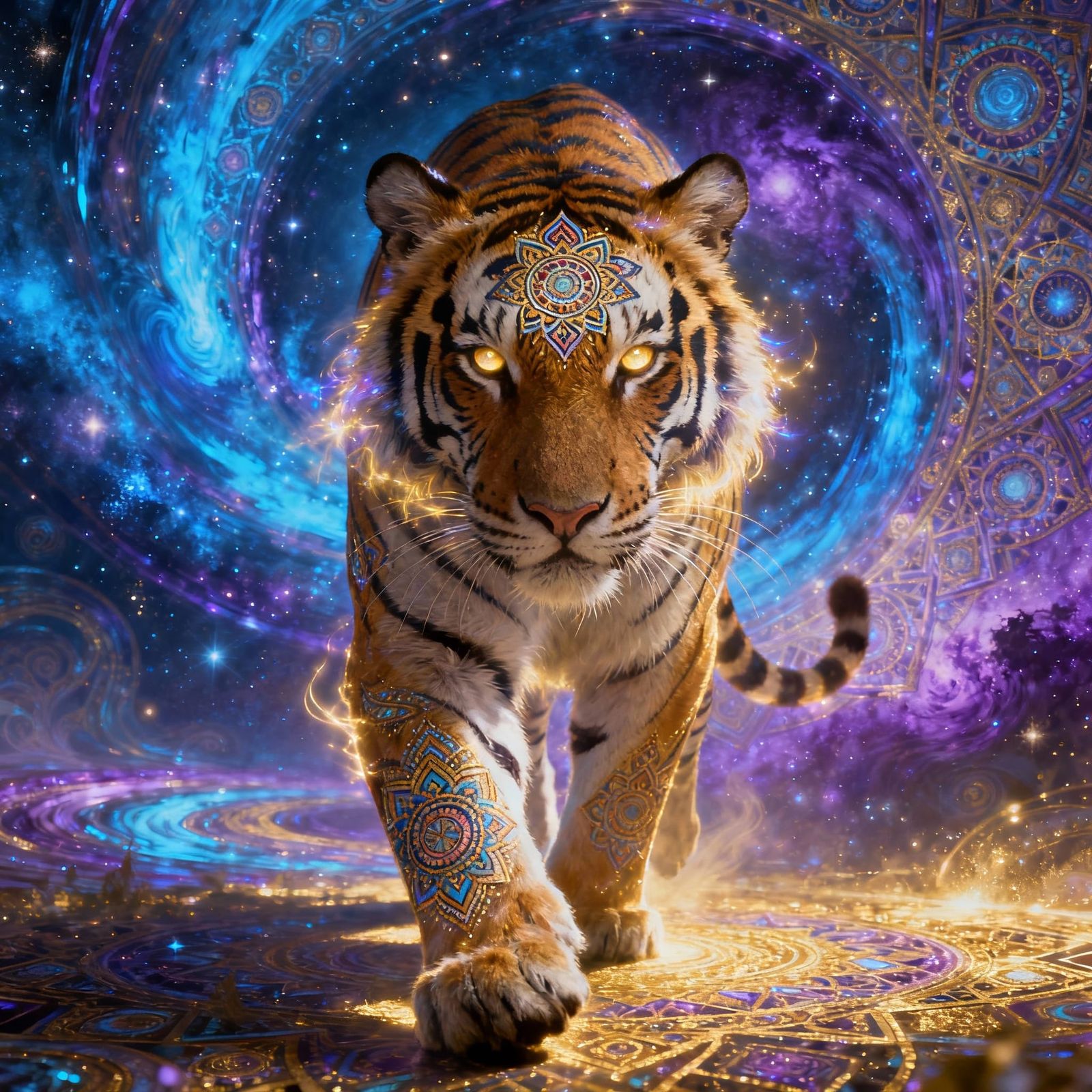 Majestic Tiger in Cosmic Psychedelic Dreamscape