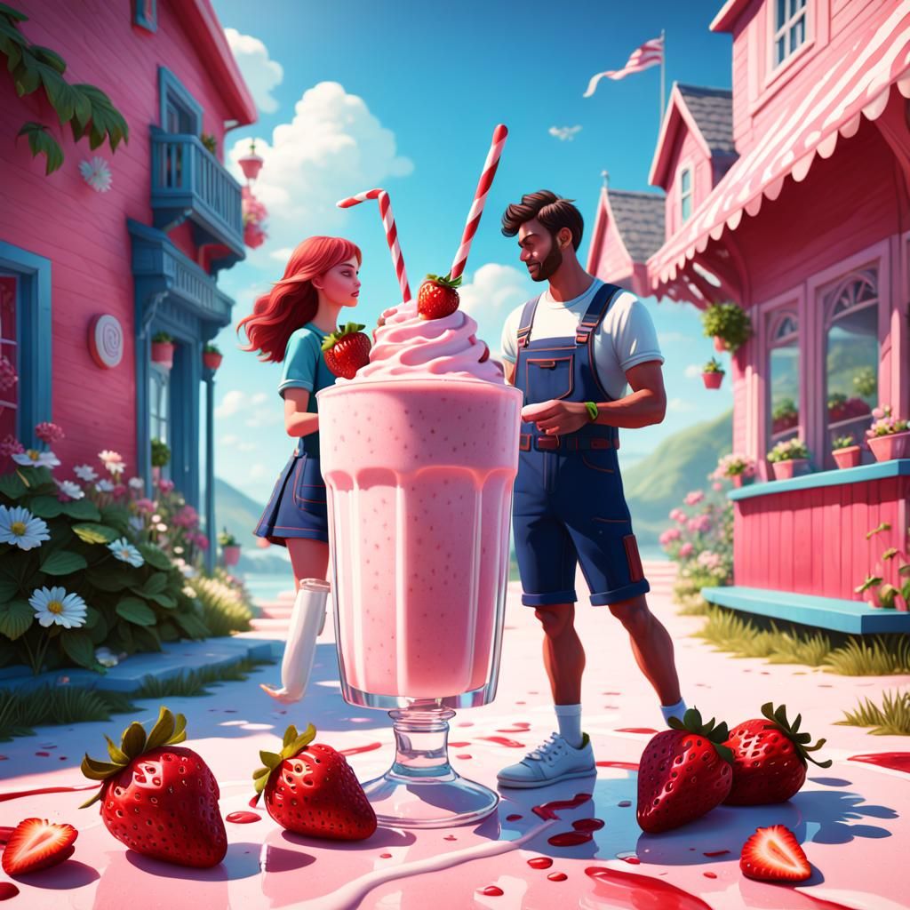 Strawberry Milkshake for Couple: Detailed Fantasy Art