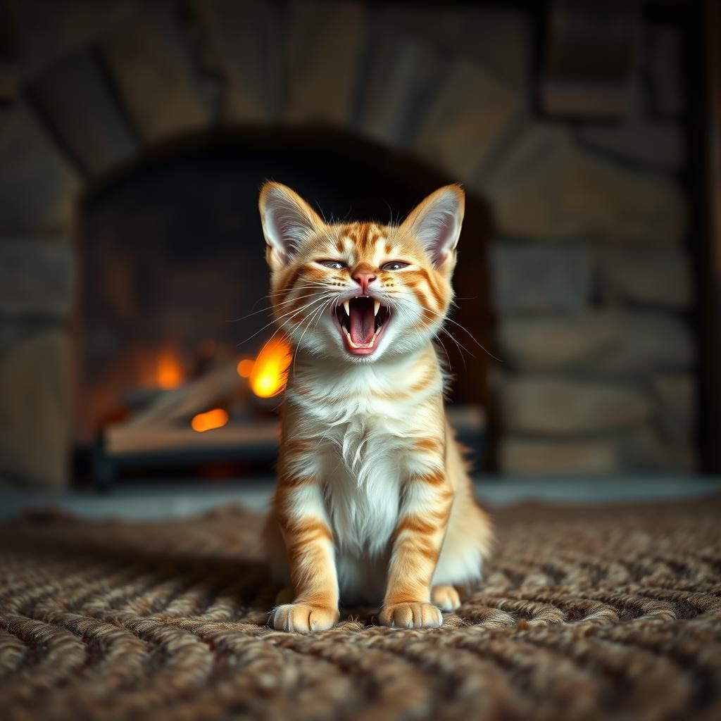 Horned Kitten Yawning by Fireplace in Fairytale Style