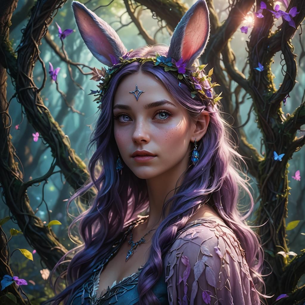 Girl with Bunny Ears in Enchanted Forest