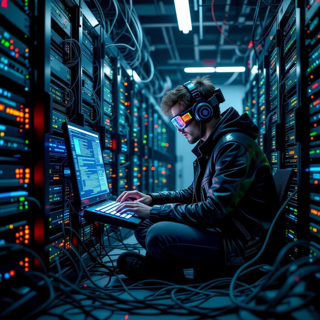 Hacker in Tel Aviv Server Room, Cyberpunk Style