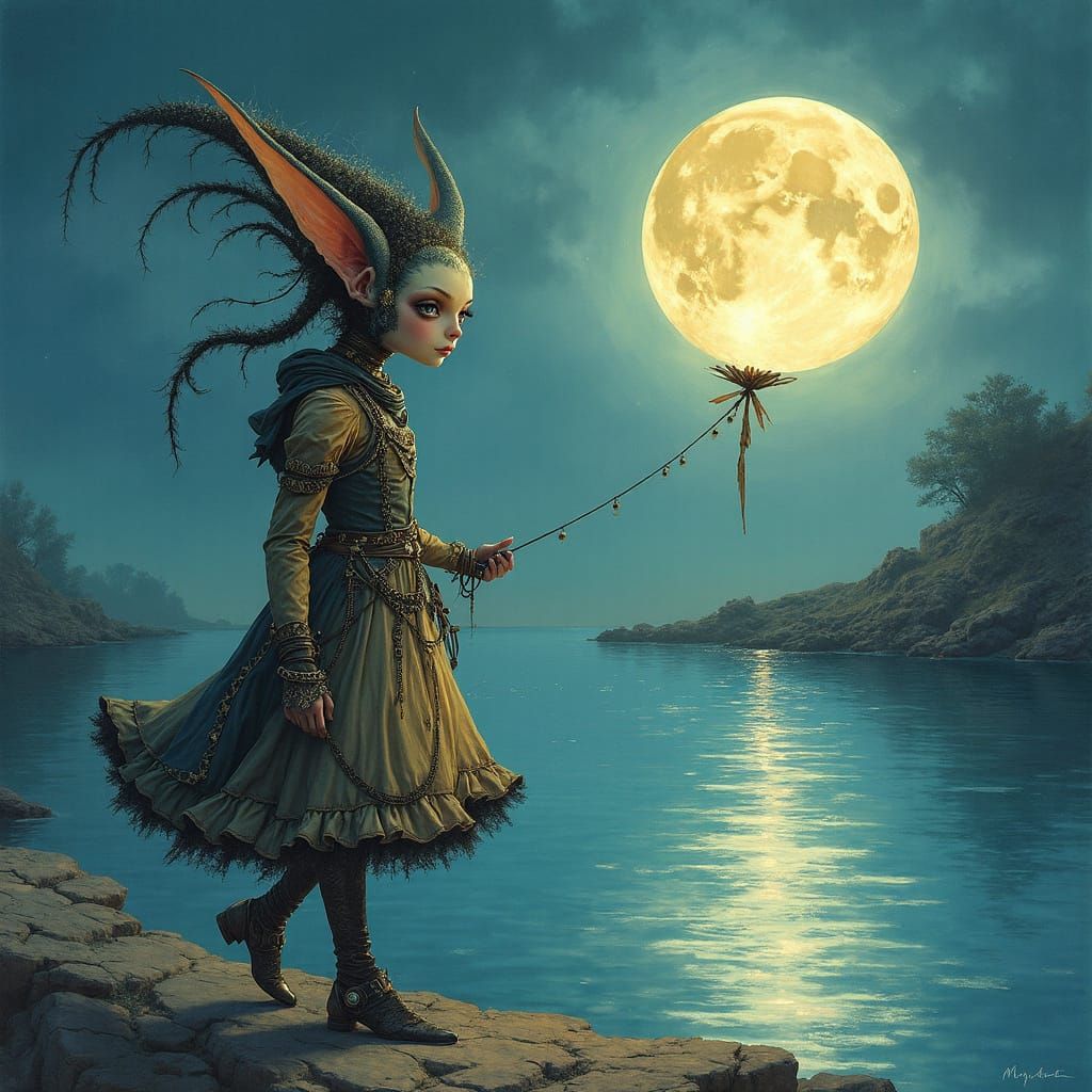 Alien Child Holds Glowing Moon in Steampunk Waterfront Scene