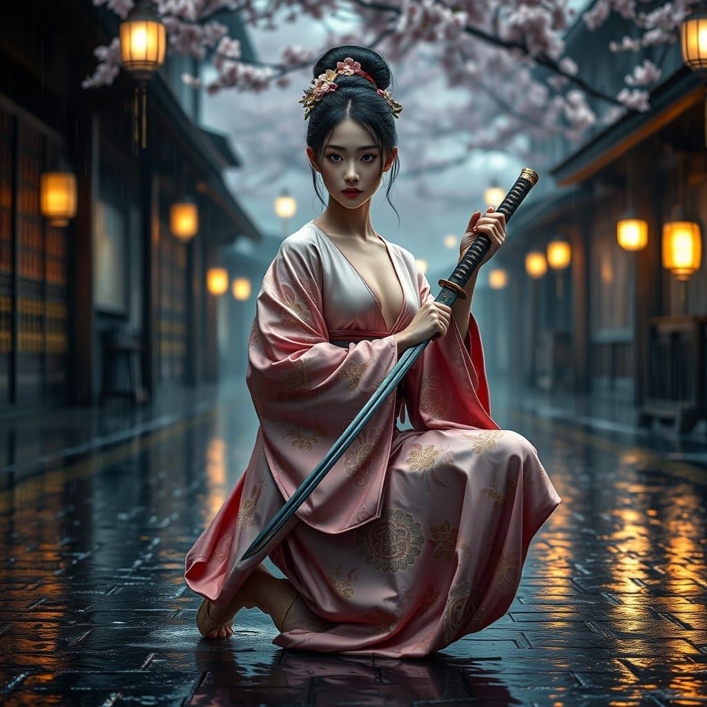Edo-Period Beauty with Katana in Rainy Misty Street