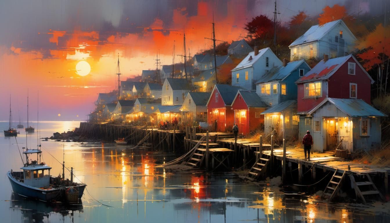 New England Fishing Village Sunset Painting