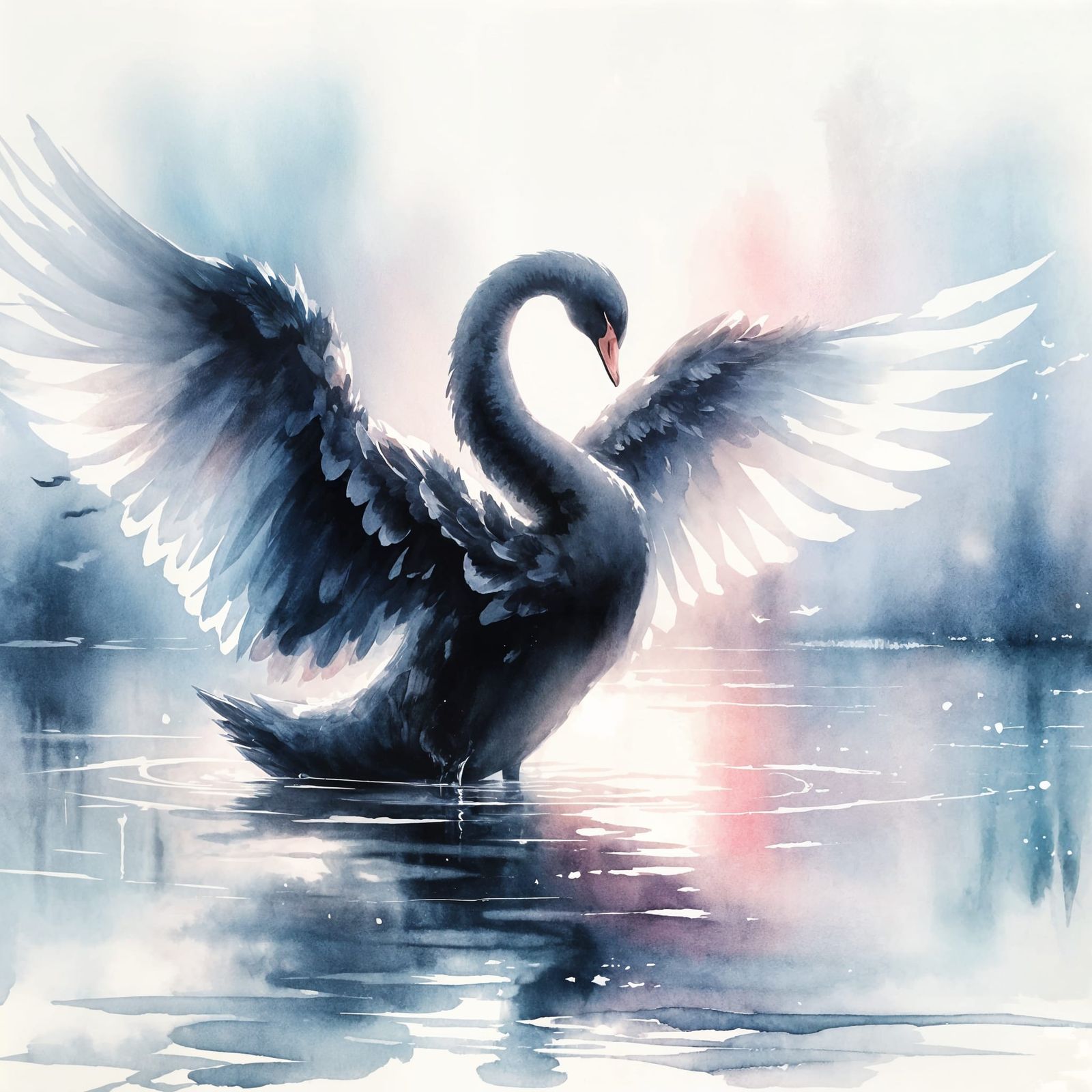 Majestic Black Swan Watercolor Painting on Twilight Pond