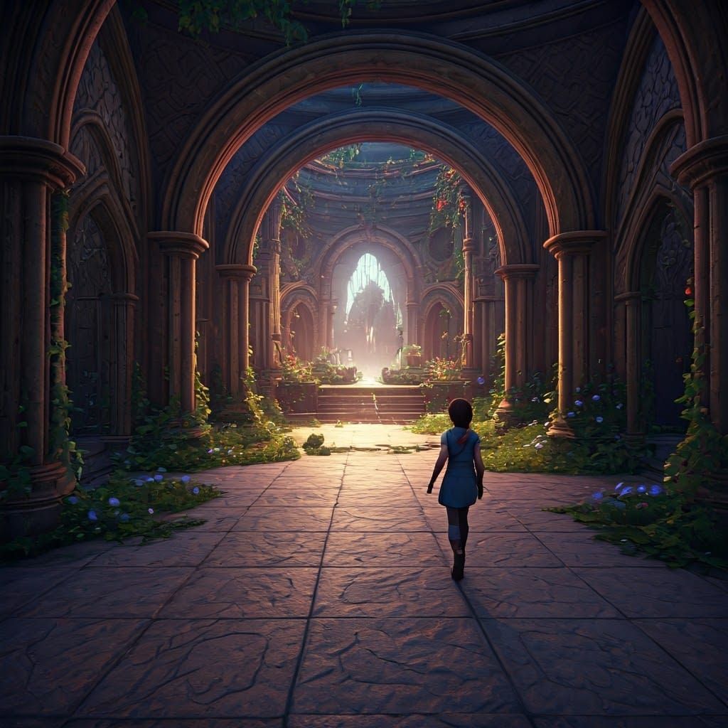 Vibrant Labyrinth with Girl and Winged Guardian