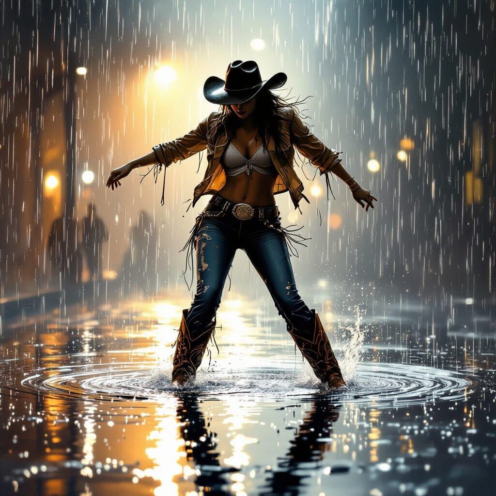 Line Dancer in Puddle Under Dramatic Rain Lighting