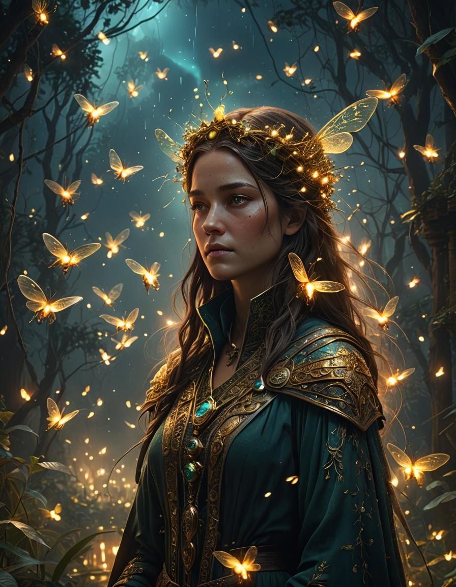 Ethereal Fireflies Priestess in Digital Painting