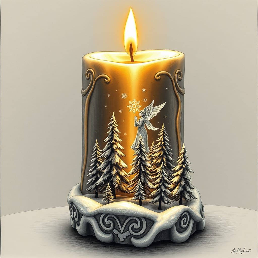 Golden Christmas Candle Silhouette in Winter Landscape