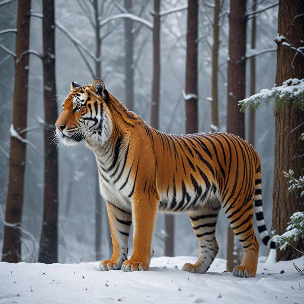 Tigers in Snowy Serenity, Majestic Bengal Striped Pair