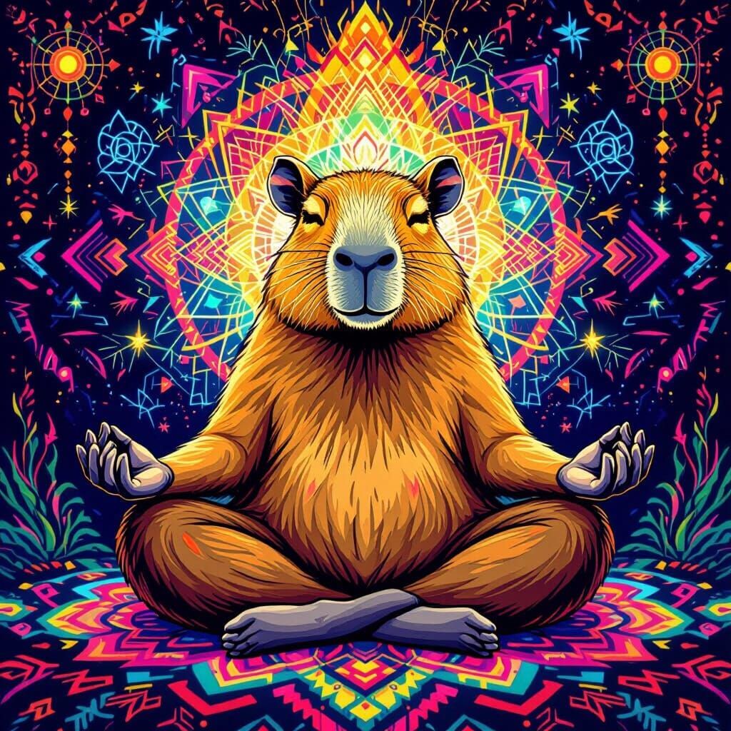 Meditating Capybara in Psychedelic Knitted Style