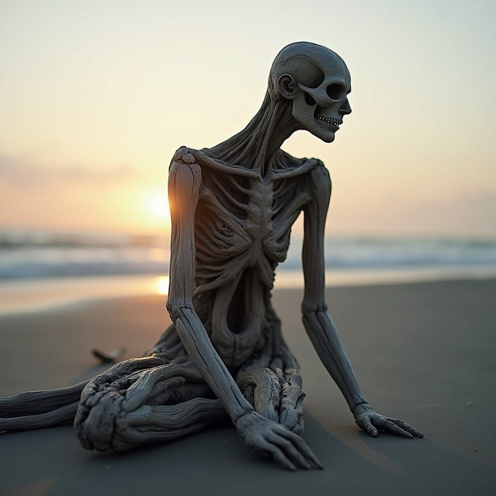 Ethereal Driftwood Sculpture on Desolate Beach at Dawn