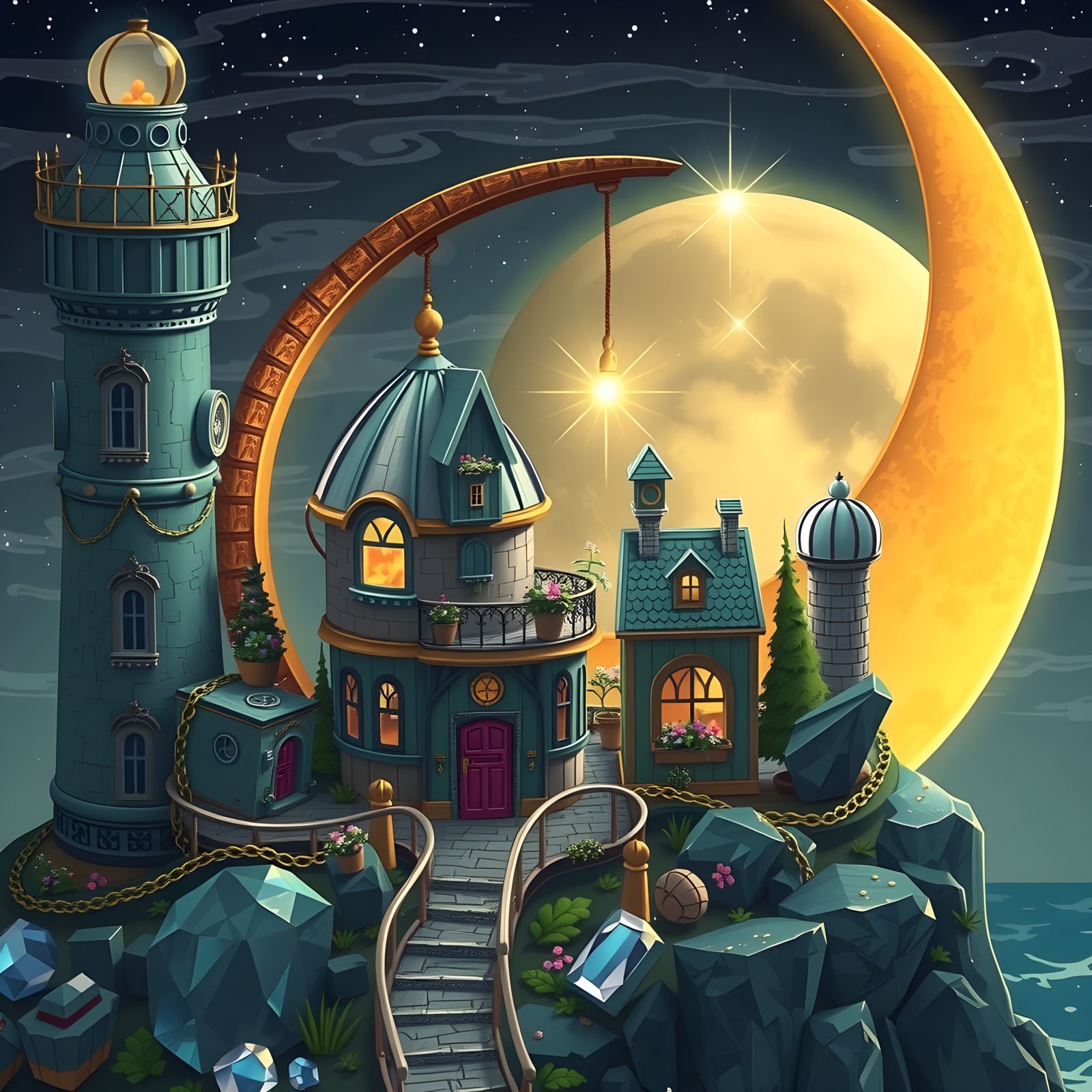 Miniature Village in Ornate Crescent Moon Lighthouse
