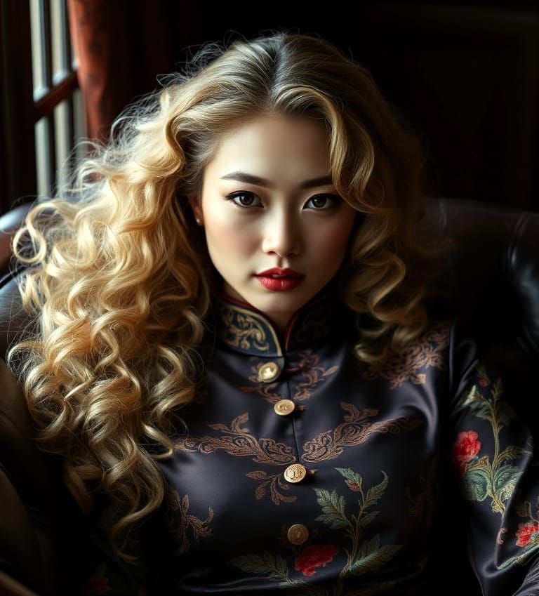 A Charming Blonde Woman in a Qipao, Set in a Dramatic Cinema...