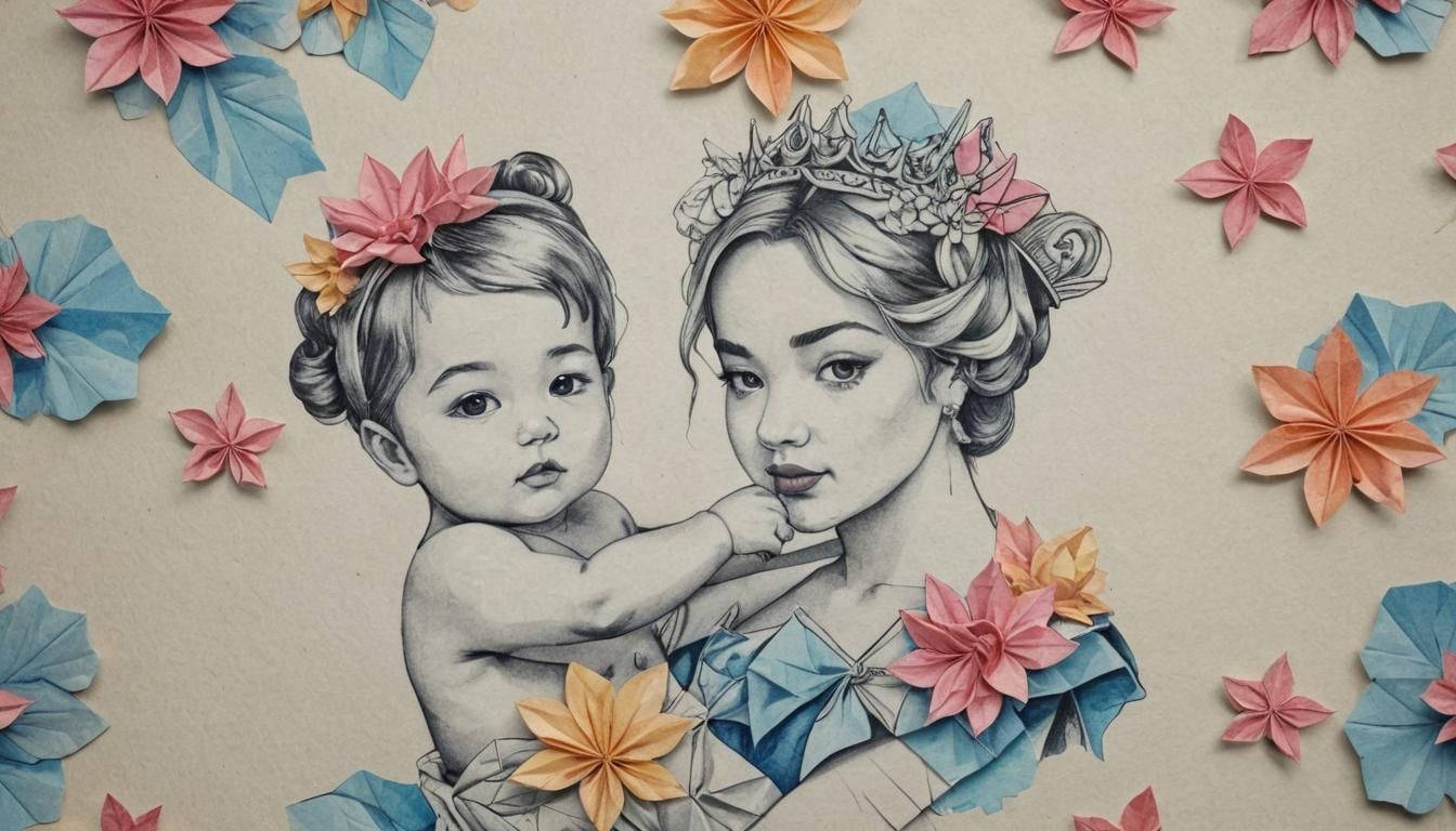 Colorful Ink Drawings: Baby, Flowers, King, and Queen