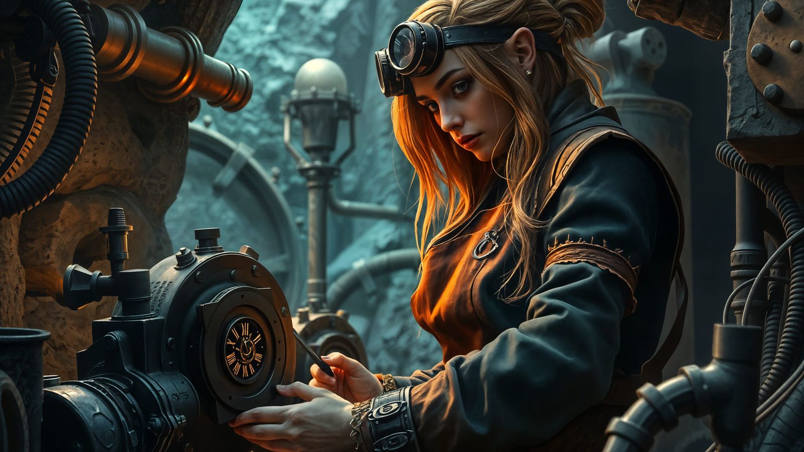 Elegant Dwarven Steampunk Inventor in a Gritty Industrial La...