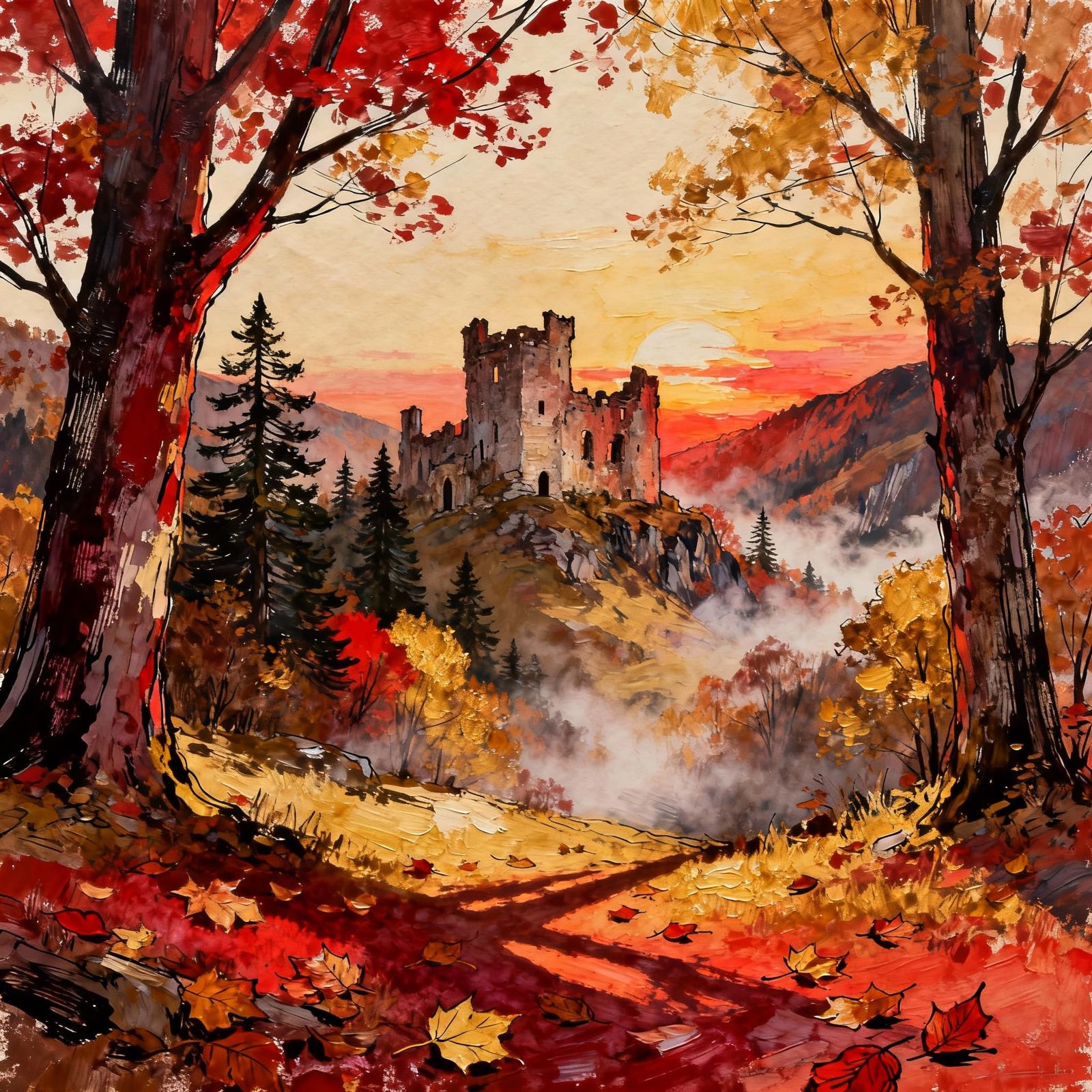 Autumn Castle Ruin Amidst Misty Hills