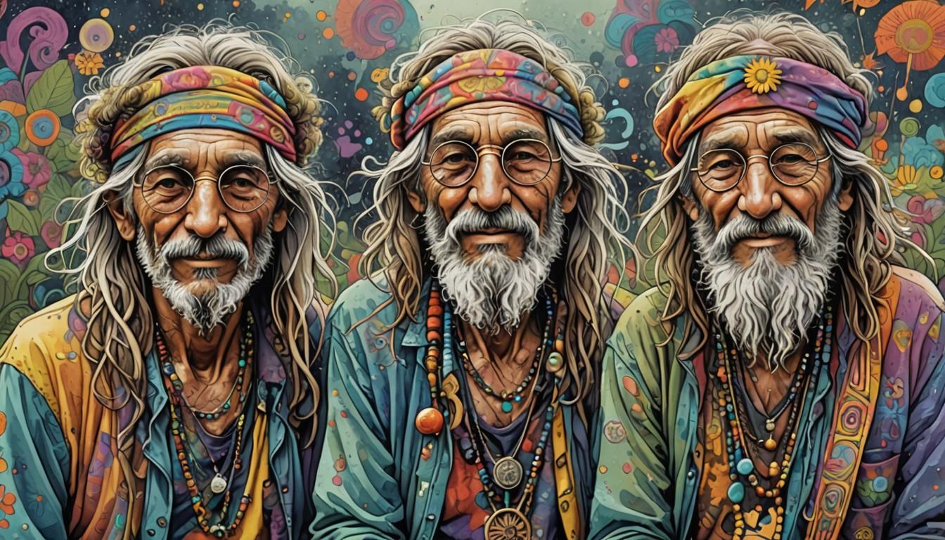 Hyperdetailed Digital Illustration of Old Hippies