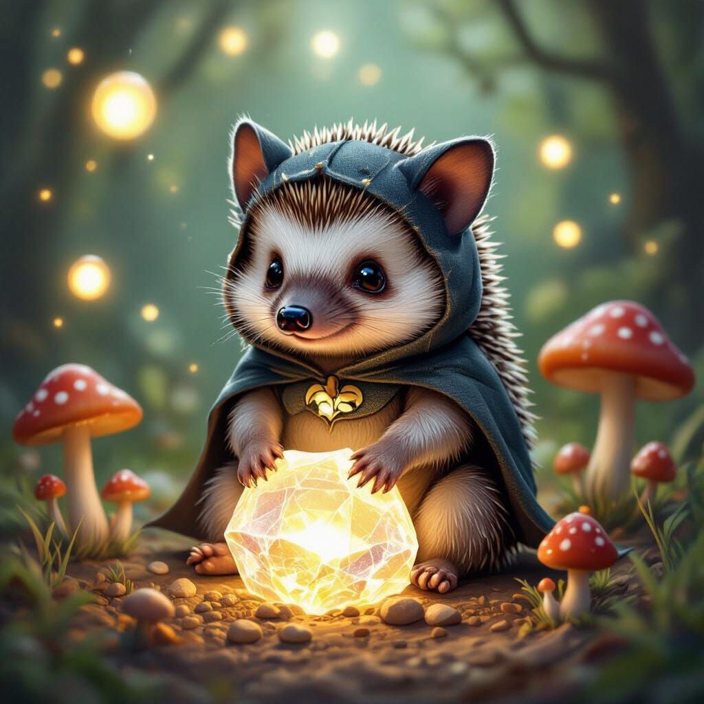 Baby Hedgehog in Bat Costume on Crystal, Fantasy Art